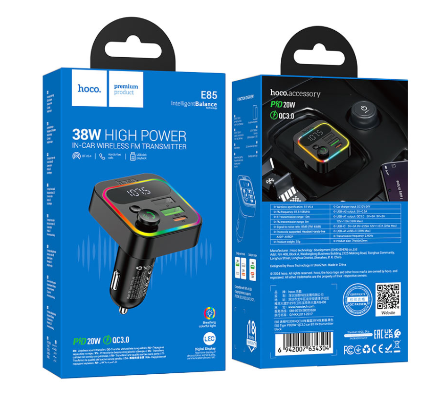 HOCO - E85 Tiger PD20W+QC3.0 Car BT FM Transmitter Black