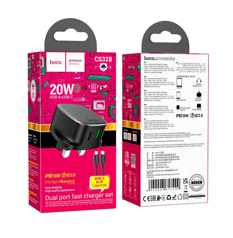 Hoco - PD20W+QC3.0 Charger Set Dual Port C to IP Black