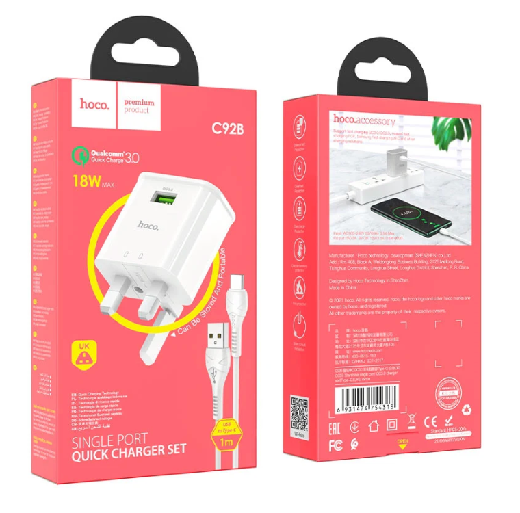 Hoco C92B QC3.0 Wall Charger Adaptor with Type-C cable