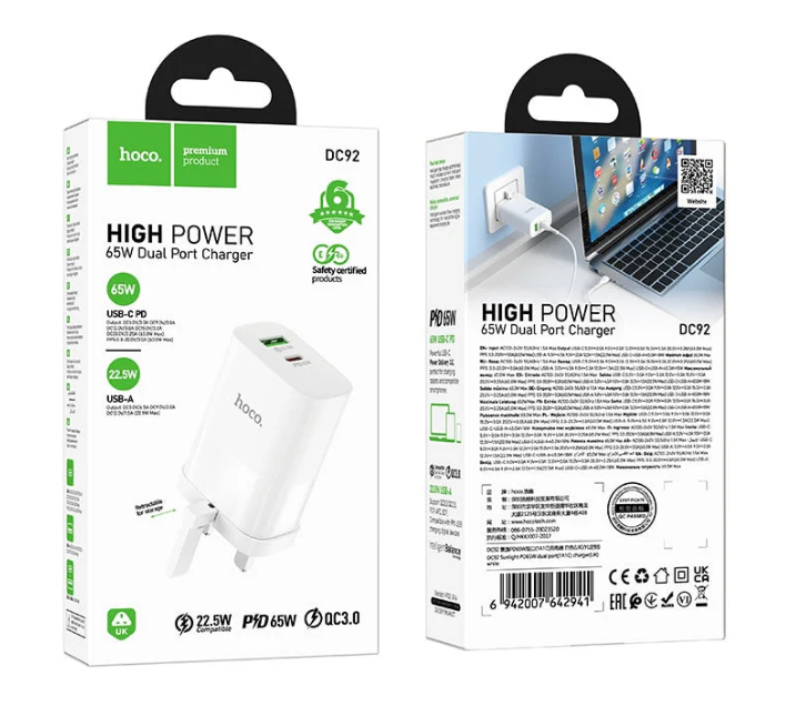 Hoco DC92 Dual Port PD65W Charger – White