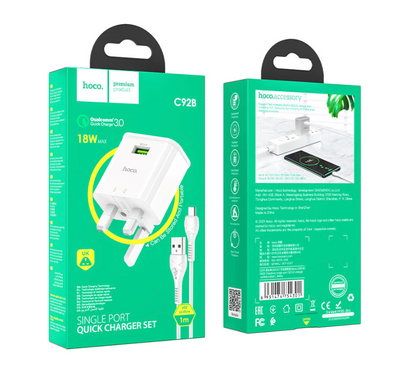 Hoco C92B QC3.0 Wall Charger Adaptor with Micro USB cable